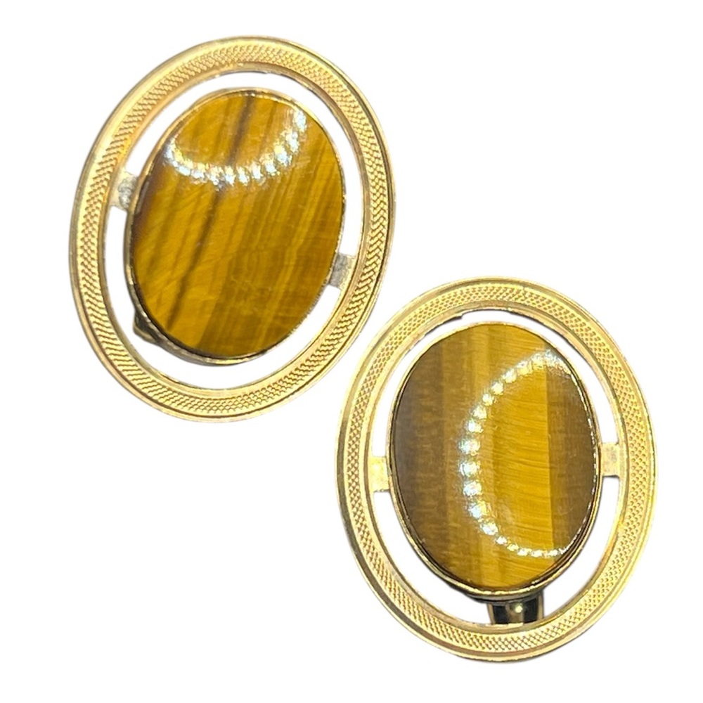 LaMode 1/20 12k gold filled tigers eye brown stone men’s vintage cuff links
